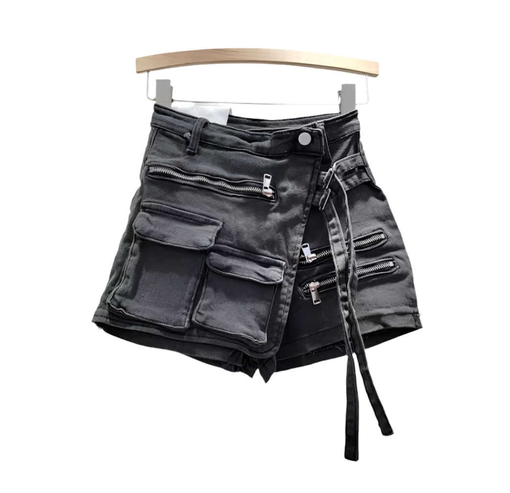 Black acid wash denim skort