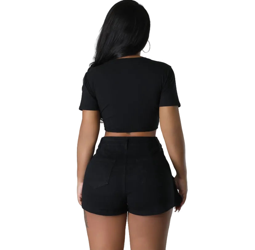Black acid wash denim skort