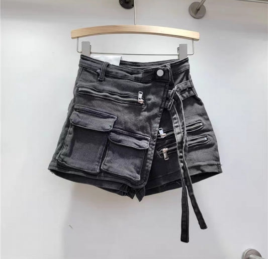 Black acid wash denim skort