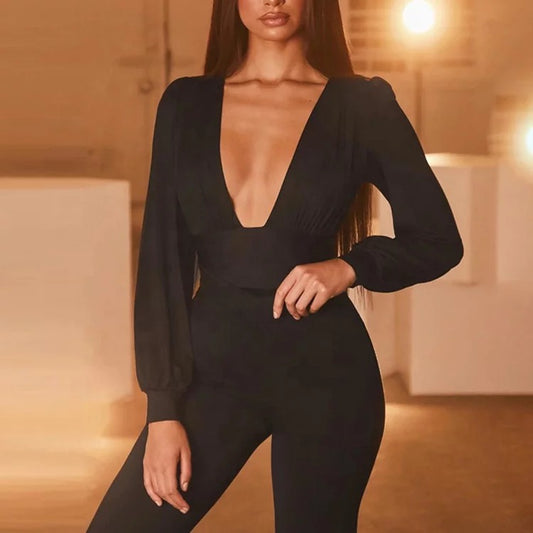 Black Deep V Polyester Bodysuit