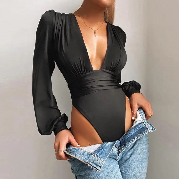 Black Deep V Polyester Bodysuit