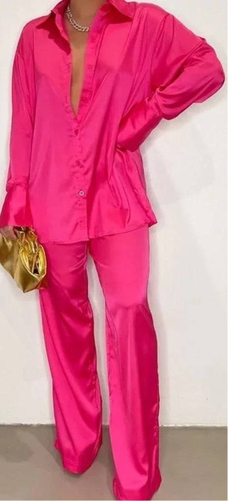 Pink Satin long sleeve 2 piece set