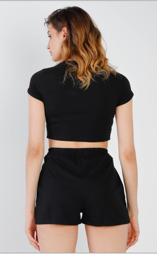 Black tie crop top top 2 piece set