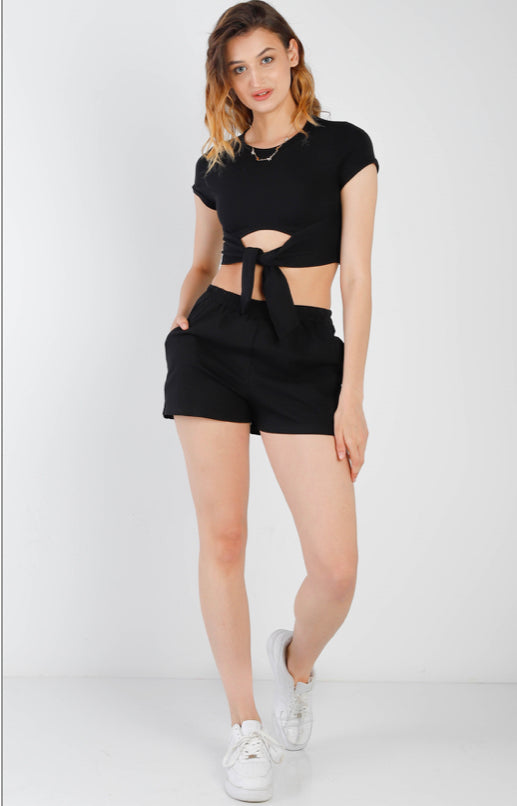 Black tie crop top top 2 piece set