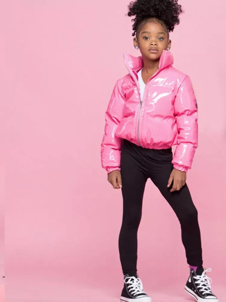 Kids patent leather puffer coat